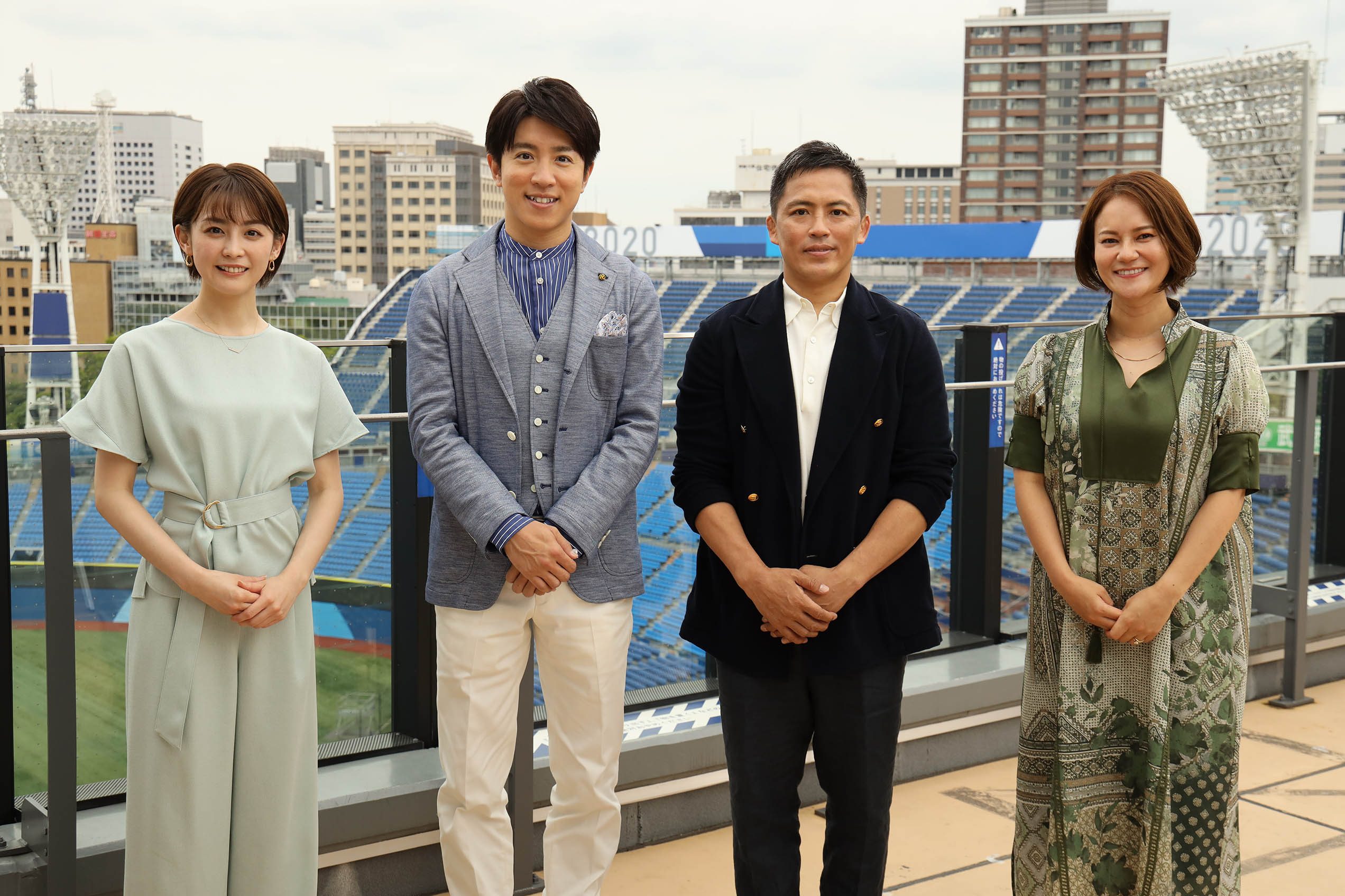 『東京五輪5日前「ラストサプライズはこちらです！」 ～日本代表に㊙エールSP～』の（左から）宮司愛海アナ、村上信五、野村忠宏、宮里藍
